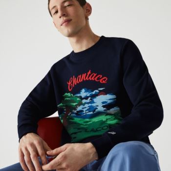 Lacoste Crew Neck Landscape Print Fleece Sweatshirt Pánské - Mikiny Tmavě Blankyt Blankyt / Červené